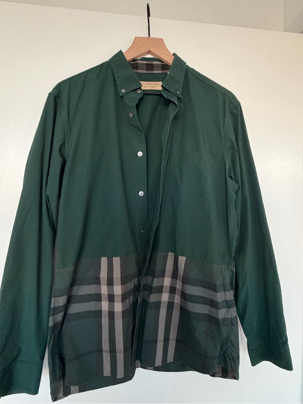Burberry Men’s Forest Green Button-Down Shirt with Plaid Hem